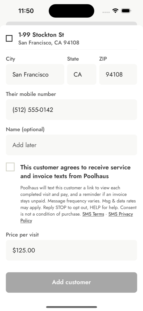 The Add a stop screen in the PoolCloud iPhone app with the unchecked SMS consent checkbox and its disclosure text